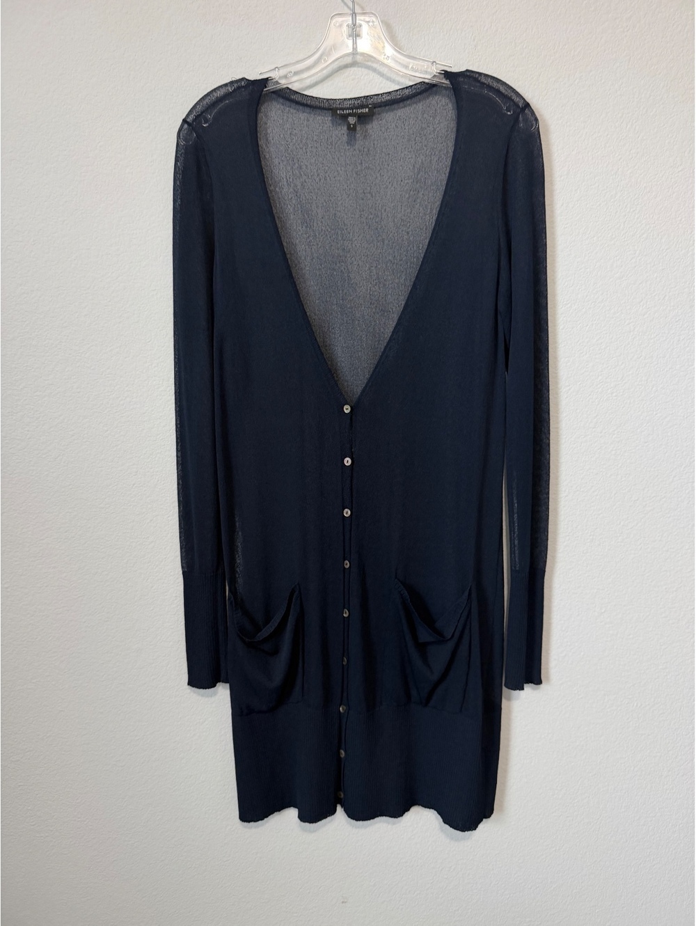 Eileen Fisher Long Sleeve Button Front V-Neck Sheer Blue Cardigan Sweater Size S
